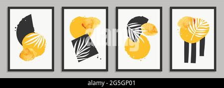 Abstract art in minimalistic style with simple geometric shapes, watercolor stains and plant elements Stock Vector