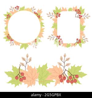 Autumn pattern of leaves. A set of round and rectangular frames from multi-colored maple leaves, red rowan berries and branches. Vector illustration Stock Vector
