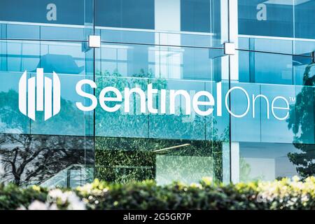 Sep 26, 2020 Mountain View / CA / USA - SentinelOne logo at their headquarters in Silicon Valley; SentinelOne Inc is an American cybersecurity startup Stock Photo