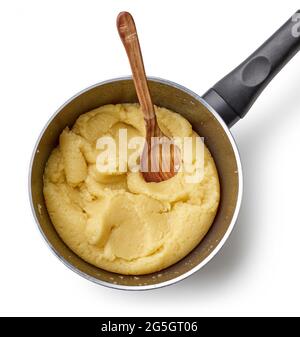 process of making dough for eclairs or cream puffs. pot of dough isolated on white background, top view Stock Photo