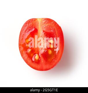 half of fresh red cherry tomato isolated on white background, top view Stock Photo