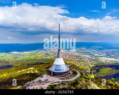 LIBEREC, CZECH REPUBLIC - JUNE 02, 2021: Jested Mountain Hotel and TV transmitter above Liberec, Czech Republic. Aerial view from drone Stock Photo