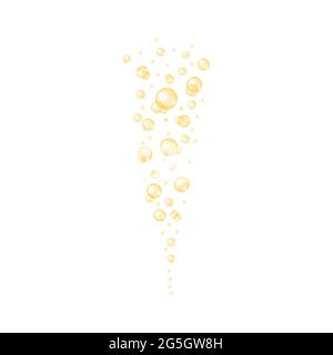 Golden transparent bubbles. Shiny drops of collagen, serum, jojoba cosmetic oil, vitamin A or E, omega fatty acids. Vector realistic illustration. Stock Vector