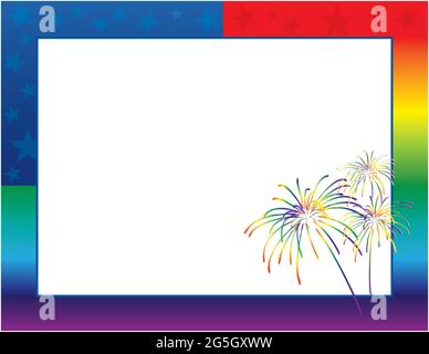 Rainbow Flag Patriotic Frame of Pride with fireworks screened in background Stock Vector