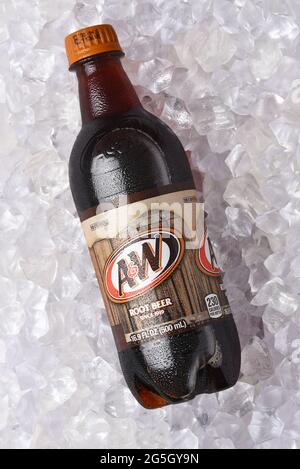 IRVINE, CALIFORNIA - 26 JUNE 2021: A and W Root Beer bottle on ice. Owned by Dr Pepper Snapple Group and distributed by the Coca-Cola Company in the U Stock Photo