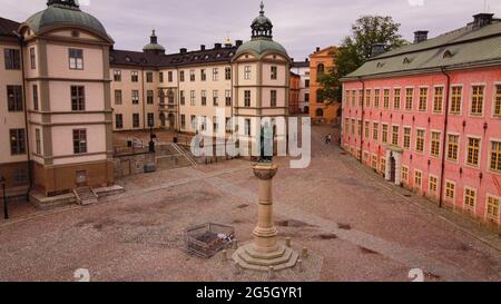 Birger Jarl statue, Riddarholmen, and Stenbockska palace, a drone shot of the centre of Stockholm, Sweden Stock Photo