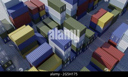 Containers for ship in harbor. Logistics. Shipping cargo at dock. Aerial view. 3d render Stock Photo