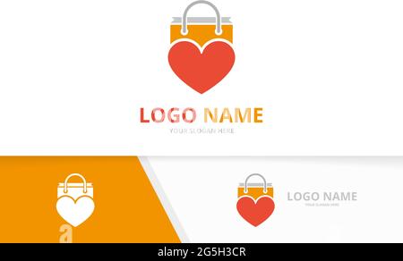 Vector heart and shopping bag logo combination. Unique shop logotype design template. Stock Vector