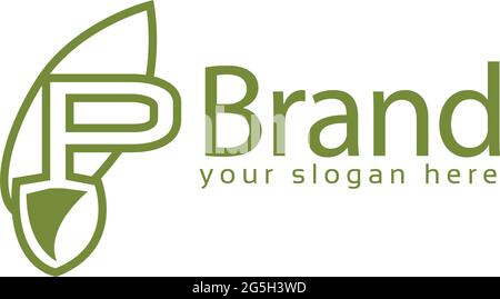 Letter p with green leaf on white background. Logo Design Template. Stock Vector