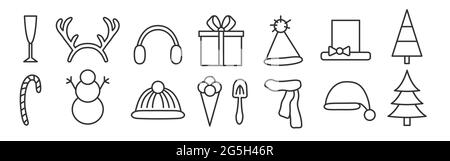 Set of linear New Year objects. Stickers and labels. Monochrome. Vector flat. Snowman, hats, scarf, deer antlers, ice cream, tree, glass, gift and ear muffs. Scrapbooking. Icons for mobile apps Stock Vector