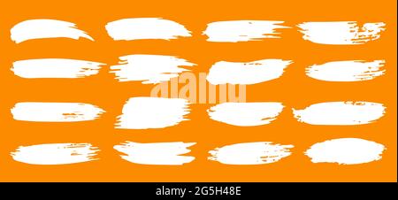 White smooth strokes of ink and paint on orange isolated background for text, frames, boxes, notebooks, design elements. Brush lines and textures for decoration. Hand drawn vector. Labels and stickers Stock Vector