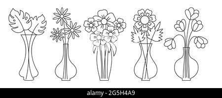 Vases black line and flowers with long stems vector flat set. Icons for mobile app and websites. Design for greeting cards, banners, invitations, posters. Monstera, tulips, chamomile, gerbera. Stock Vector
