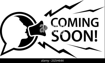 Coming soon with people and megaphone. Flat vector illustration on white background. Stock Vector