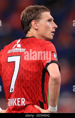 Saitama, Japan. 27th June, 2021. Kasper Junker (Reds) Football/Soccer : 2021 J1 League match between Urawa Red Diamonds 2-0 Avispa Fukuoka at Saitama Stadium 2002 in Saitama, Japan . Credit: AFLO SPORT/Alamy Live News Stock Photo