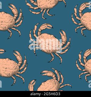 Vintage seamless pattern with hand drawn crabs in sketch engraving style. Se food print for textile and wrapping paper. Stock Vector