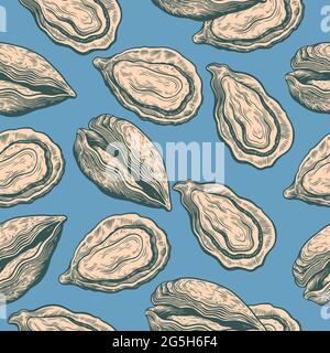 Vintage seamless pattern with oyster shells in engraving sketch hand drawn style Print with mussels elements  Stock Vector