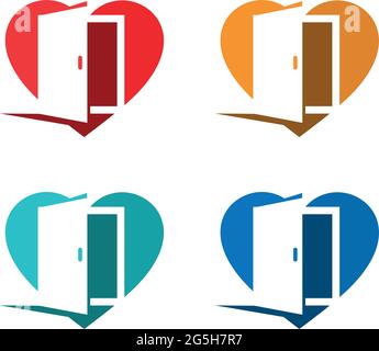 Colorful Heart with door set icons, flat design. open heart symbol Stock Vector