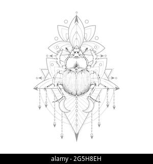 Vector illustration with hand drawn scarab and Sacred symbol on white background. Abstract mystic sign. Black linear shape. For you design, tattoo or Stock Vector