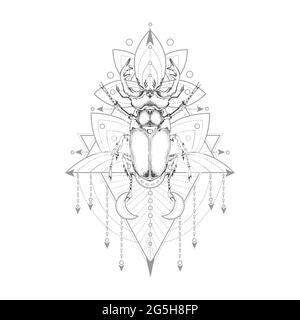 Vector illustration with hand drawn stag beetle and Sacred geometric symbol on white background. Abstract mystic sign. Black linear shape. For you des Stock Vector