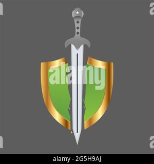 Sword and shield icon, illustration of destroying defense. Vector Illustration on gray background Stock Vector