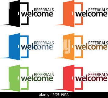 Door vector icon with text referrals Members welcome Stock Vector