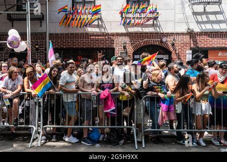 The Park Rangers are the only uniforms allowed in a small parade going down  W4th Street as thousands celebrate Gay Pride in New York City on June 27,  2021. With many New