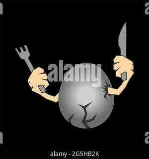Egg holds fork and knife stock icon. Vector Illustration on black background Stock Vector