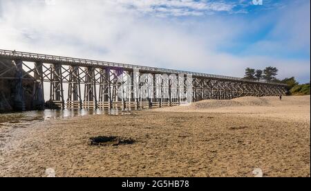 View of the Pudding Creek Trestle on Pudding Creek Beach in Fort Bragg, California Stock Photo