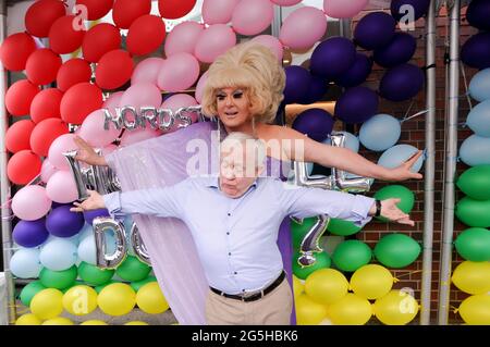 (L-R) Actor Leslie Jordan and DJ Lady Bunny (Jon Ingle) attend the Leslie Jordan x Nordstrom NYC Pride Event, meet-and-greet and book signing in New York City.Leslie Jordan and Nordstrom celebrate the NYC Pride March at the Nordstrom Local West Village location with a customer meet and greet and a signing of his newly released book, How Y'all Doing?: Misadventures and Mischief from a Life Well Lived. Nordstrom is proud to be a Gold Sponsor of NYC Pride 2021. Year-round, Nordstrom provides grants and funding to LGBTQIA  organizations like the Hetrick-Martin Institute, Pride Foundation God's Lo Stock Photo