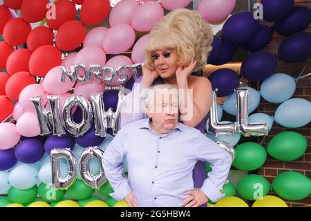 (L-R) Actor Leslie Jordan and DJ Lady Bunny (Jon Ingle) attend the Leslie Jordan x Nordstrom NYC Pride Event, meet-and-greet and book signing in New York City.Leslie Jordan and Nordstrom celebrate the NYC Pride March at the Nordstrom Local West Village location with a customer meet and greet and a signing of his newly released book, How Y'all Doing?: Misadventures and Mischief from a Life Well Lived. Nordstrom is proud to be a Gold Sponsor of NYC Pride 2021. Year-round, Nordstrom provides grants and funding to LGBTQIA  organizations like the Hetrick-Martin Institute, Pride Foundation God's Lo Stock Photo