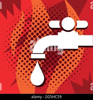 Faucet and water droplets on the red background Stock Vector