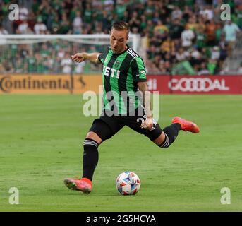 Austin, Texas, USA. 27th June, 2021. Austin FC defender Zan Kolmanic (21) prepares to take a shot during the second half of a Major League Soccer match between Austin FC and the Columbus Crew on June 27, 2021 in Austin, Texas. The teams played to a 0-0 draw. Credit: Scott Coleman/ZUMA Wire/Alamy Live News Stock Photo