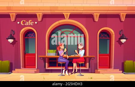 Girls on outdoor cafe terrace. Women drink tea and talking sit on high stools at wooden counter bar. Visitors relax in retro style coffee shop patio with table and chairs. Cartoon vector illustration Stock Vector