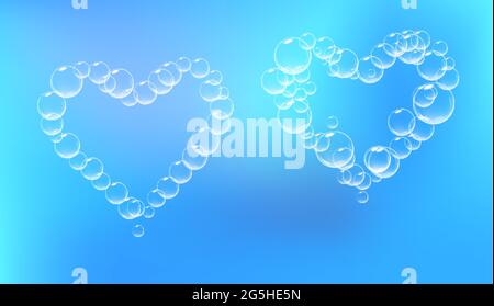 Set of soap foam pieces shaped as heart. Vector realistic soap suds. Valentine day symbol. Blue background. Stock Vector