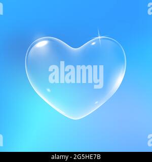 Realistic transparent white vector soap bubble shaped as heart. Romantic glossy soapy heart. Valentine day symbol. Blue background. Stock Vector