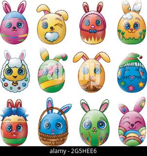 Set of easter eggs cartoon character with bunnies ears isolated on white background Stock Vector