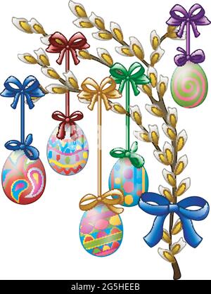 Easter eggs decorated hanging on a tree branch Stock Vector