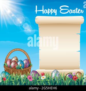 Easter background with decorated Easter eggs on the basket and empty paper roll in a grass field Stock Vector