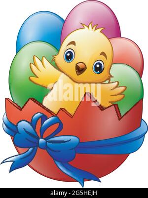 Cartoon little baby chicken with colored eggs in the red broken eggshell Stock Vector
