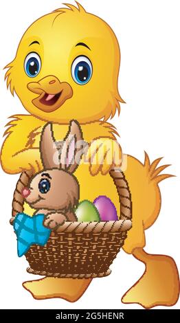 Cartoon baby duck carrying little rabbit and eggs in a basket Stock Vector