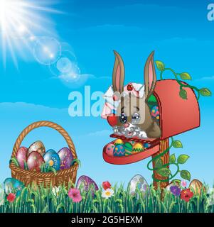 Easter bunny out from of the mailbox with Easter basket full of decorated Easter eggs in a grass field Stock Vector