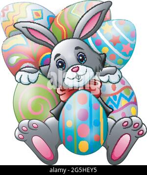 Cartoon bunny with big easter eggs on a white background Stock Vector