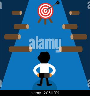 Red target icon and business man. This theme template is showing the concept of obstacles in achieving goals. Stock Vector