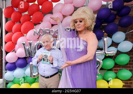 (L-R) Actor Leslie Jordan and DJ Lady Bunny (Jon Ingle) attend the Leslie Jordan x Nordstrom NYC Pride Event, meet-and-greet and book signing in New York City.Leslie Jordan and Nordstrom celebrate the NYC Pride March at the Nordstrom Local West Village location with a customer meet and greet and a signing of his newly released book, How Y'all Doing?: Misadventures and Mischief from a Life Well Lived. Nordstrom is proud to be a Gold Sponsor of NYC Pride 2021. Year-round, Nordstrom provides grants and funding to LGBTQIA  organizations like the Hetrick-Martin Institute, Pride Foundation God's Lo Stock Photo