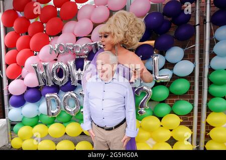 (L-R) Actor Leslie Jordan and DJ Lady Bunny (Jon Ingle) attend the Leslie Jordan x Nordstrom NYC Pride Event, meet-and-greet and book signing in New York City.Leslie Jordan and Nordstrom celebrate the NYC Pride March at the Nordstrom Local West Village location with a customer meet and greet and a signing of his newly released book, How Y'all Doing?: Misadventures and Mischief from a Life Well Lived. Nordstrom is proud to be a Gold Sponsor of NYC Pride 2021. Year-round, Nordstrom provides grants and funding to LGBTQIA  organizations like the Hetrick-Martin Institute, Pride Foundation God's Lo Stock Photo