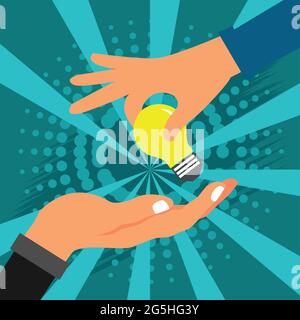 Hand and lamp. The Vector Illustration is showing the concept of transfer of knowledge or ideas. Stock Vector