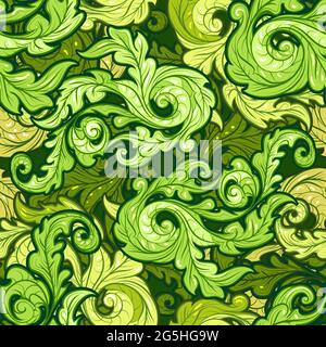 Seamless pattern with green floral swirls drawn in cartoon style. Vector illustration. Stock Vector
