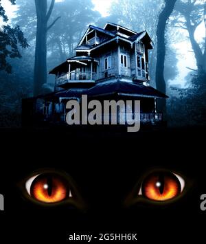 Haunted house in night forest. Old abandoned house and burning red monster eyes and mysterious landscape of foggy forest. Scary colonial cottage in my Stock Photo