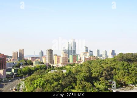 Aerial view of new residential complex in the street Ryomyong, Pyongyang - capital city of North Korea (DPRK). View from the of Arch of Triumph Stock Photo