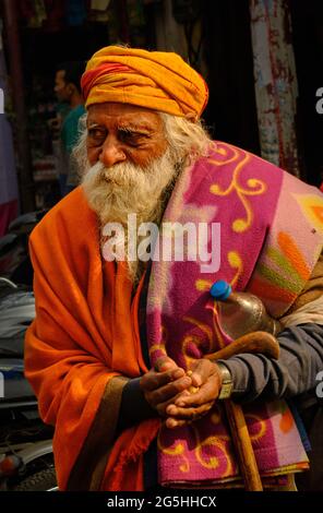 Ayodhya, Uttar Pradesh, India, February 05, 2021, Portrait of rural village man with colorful attire at Ayodhya Stock Photo